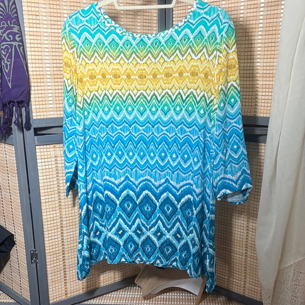 Ruby Road Ombre Diamond-Print 3/4 Sleeve Tunic - Teal, Blue & Yellow